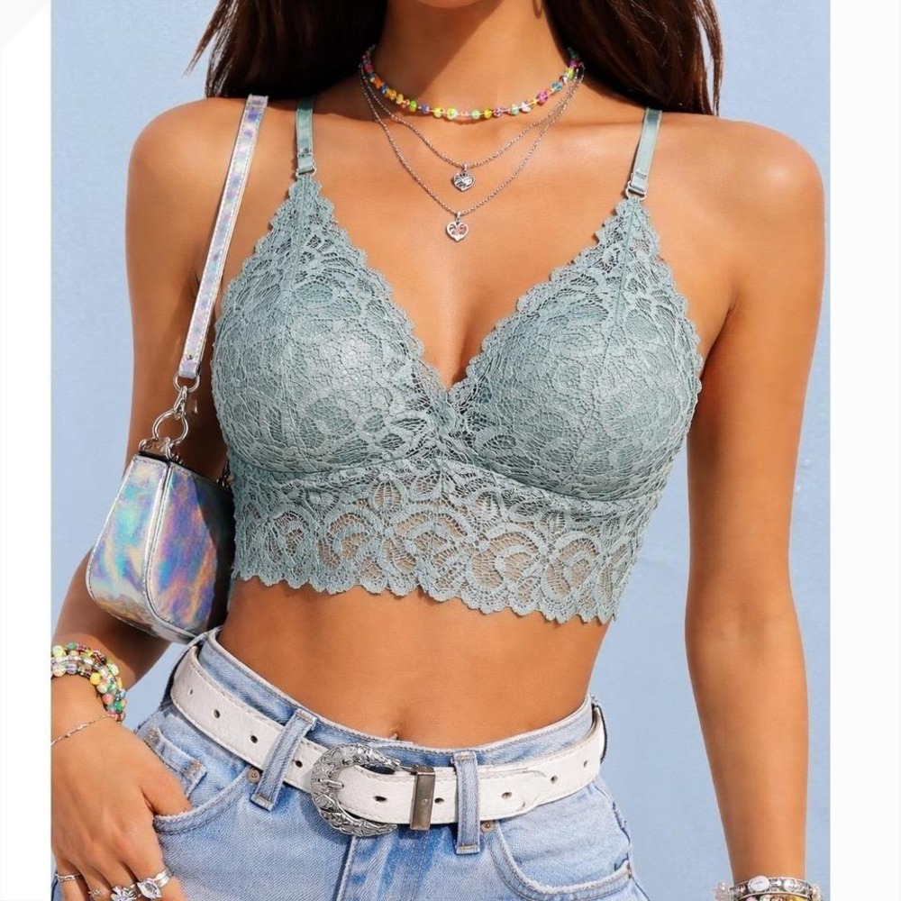 Teal Lace Bralette Top V Neck Adjustable Strap Cropped S